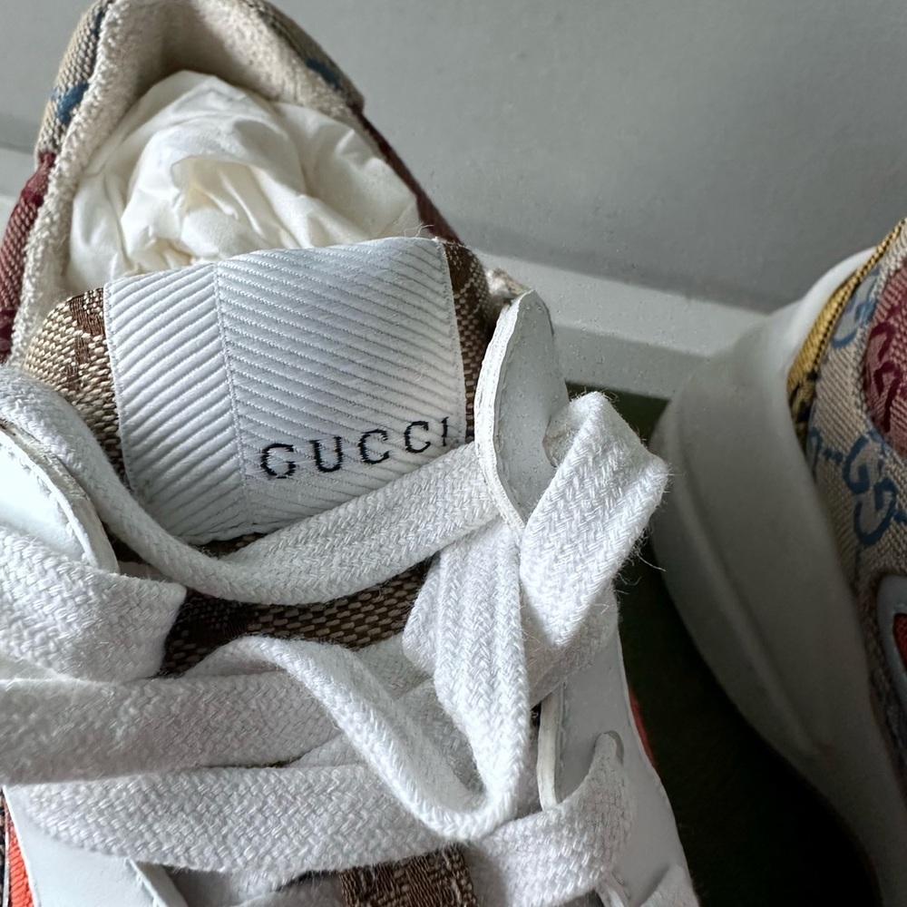 GUCCI Monogram Multicolor Demetra Women’s Rhyton Sneakers Yellow Blue Tobasco - Picture 8 of 10